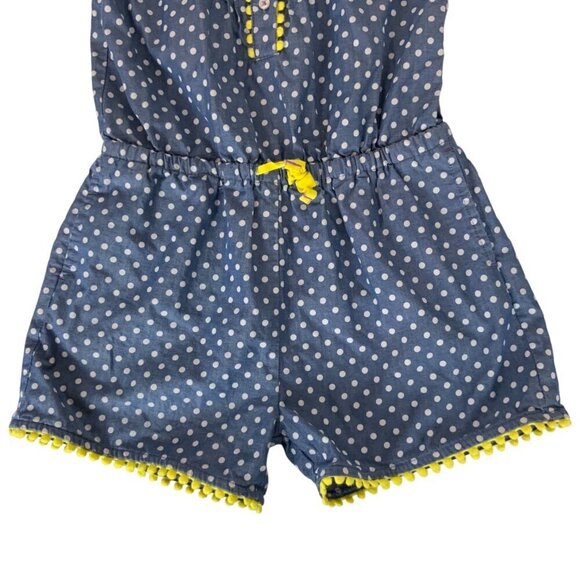 Mini Boden Polka Dot Girls Romper 4-5Y Blue Yellow Pom Pom Trim Spring Summer - Picture 4 of 7